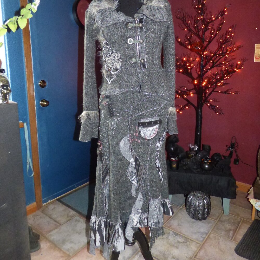 QUIRKY JUJU & CHRISTINE GOTH VICTORIAN STEAMPUNK GRAY LAGENLOOK RAG SKIRT L